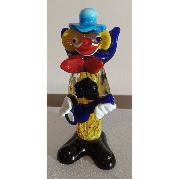 Vintage Murano Italian Multicolored Hand Blown Art Glass Clown Playing Guitar